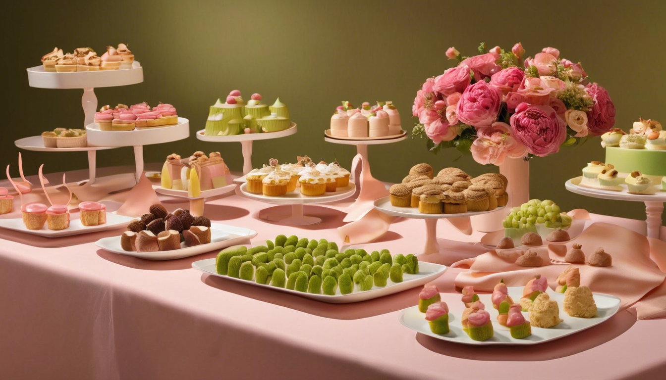 Table gourmande Saveurs Divines, bouchées sucrées et salées et fleurs roses
